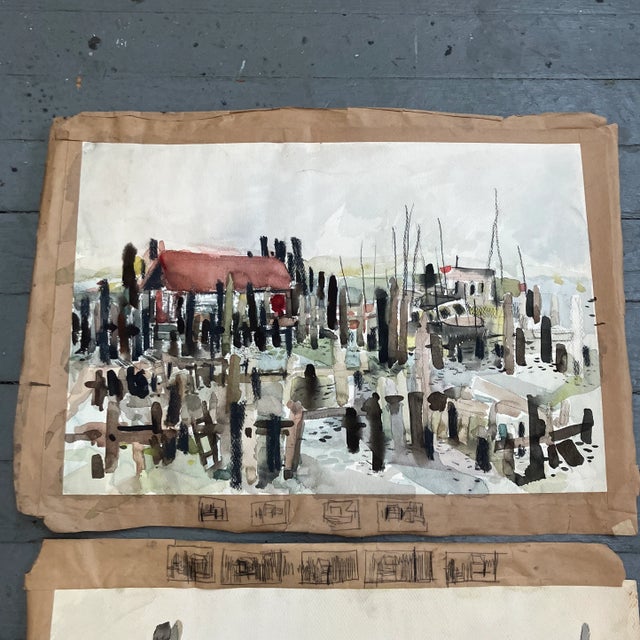 1970s set of two vintage fishing village watercolor paintings. Unframed and unsigned. With instructions on the edges,...