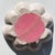A beautiful carved circular pink stone fruit bowl sits upon a pedestal base. With gorgeous veining in pale pinks and...