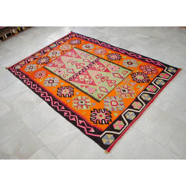 Orange 1960s Vintage Turkish Kilim Handwoven Rug - 5′6″ × 8′4″ For Sale - Image 8 of 13