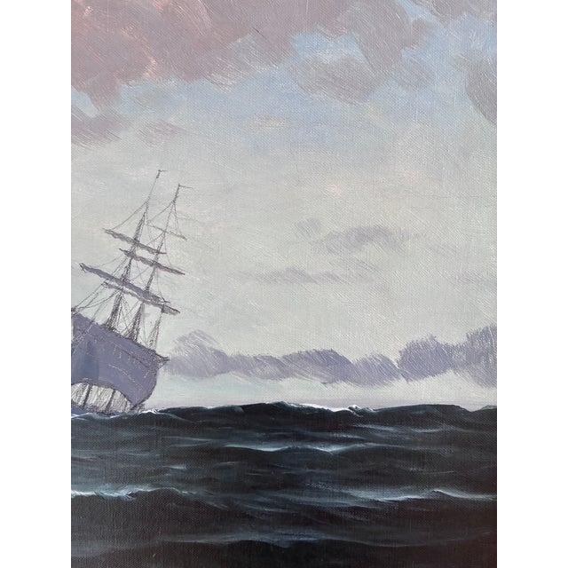 Blue Vintage Original Seascape Oil Painting, Signed Sailing Ship Art For Sale - Image 8 of 14