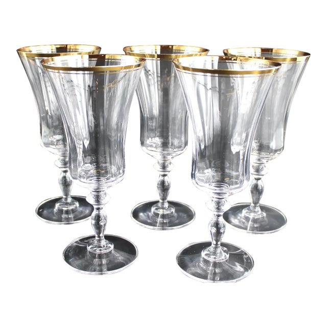 1990s Mikasa Jamestown Gold Trim Crystal Iced Tea Glasses Goblets - Set of 5 For Sale