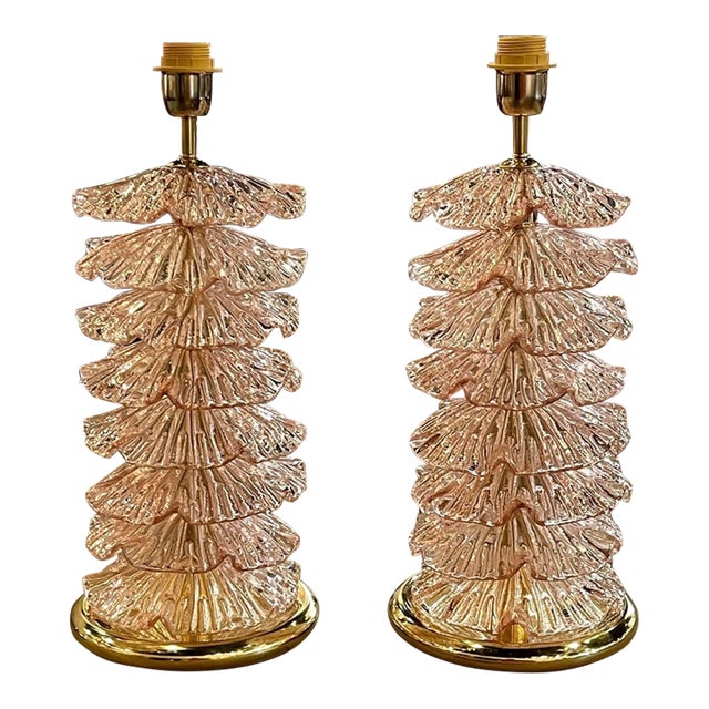 Pair of Modern Pink Murano Glass and Brass Lamps For Sale