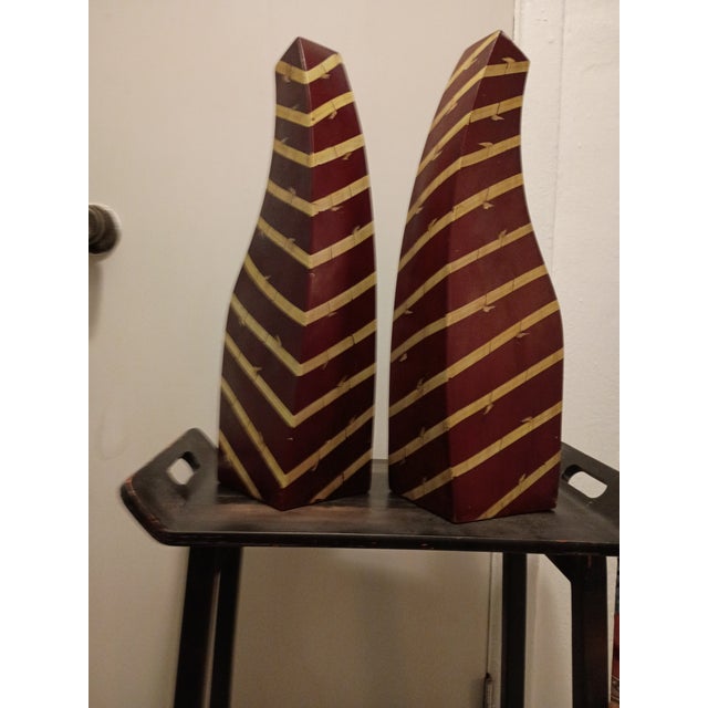 F-006 Pair of Mid-Century Modern Abstract Carved Bamboo Sculptures in Oxblood For Sale - Image 4 of 6