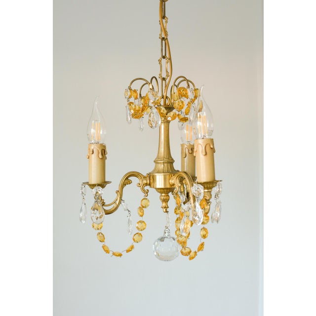Metal Small French Brass Chandelier in Amber Crystal, 1960s For Sale - Image 7 of 10