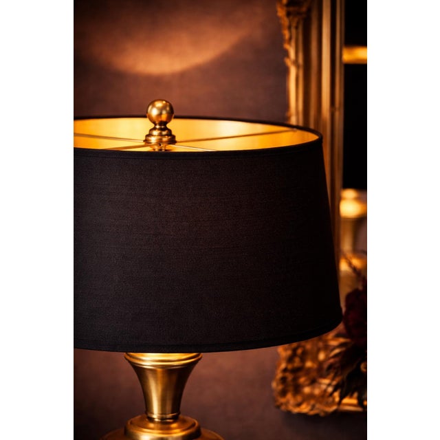Vintage Sunlit Brass Baluster Table Lamp With Black & Gold Lined Drum Shade — 27” H For Sale - Image 4 of 5