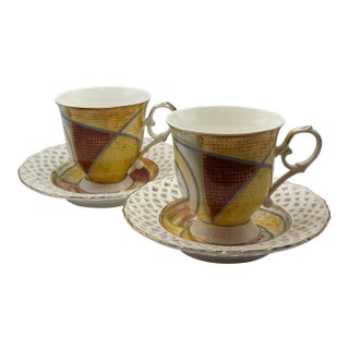 Queen Isabell Limited Collection Porcelain Cups & Pierced Saucers – Set of 2 For Sale