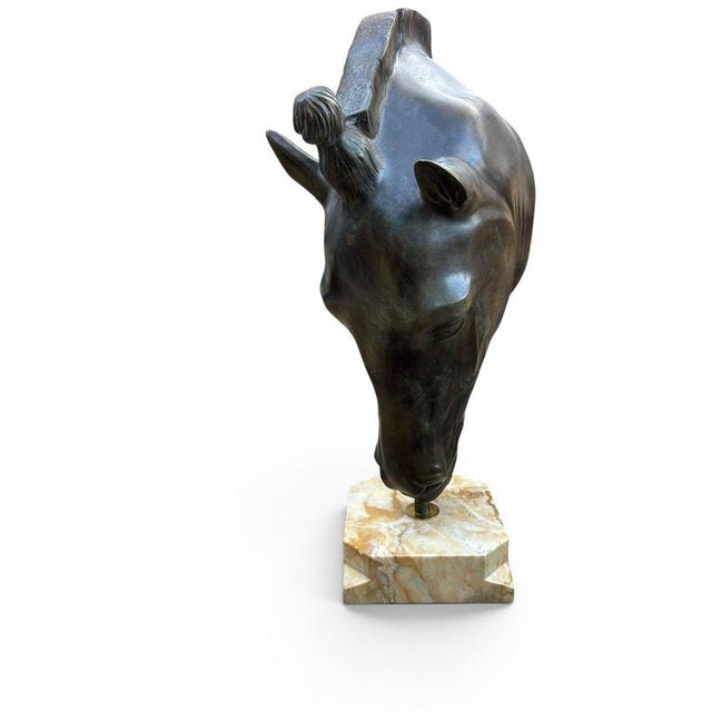 1980s Large Italian Bronze Greek Horse Head Sculpture on Marble Base, 1980s For Sale - Image 5 of 6