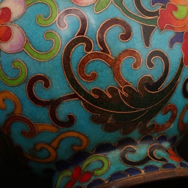 Metal Late 19th Century Pair of Turquoise Cloisonné Enamel Lotus Vases For Sale - Image 7 of 9
