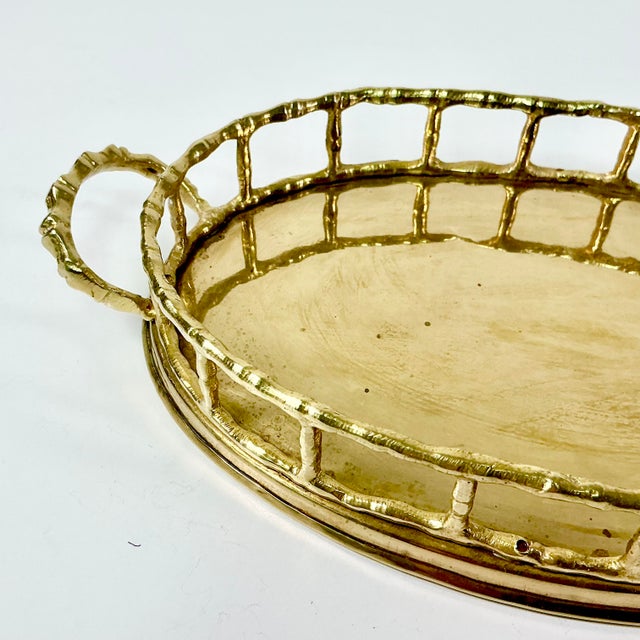 Mid-Century Hollywood Regency Coastal Boho Chic Oval Faux Bamboo Brass Tray, Mottahedeh Attributed For Sale - Image 12 of 13