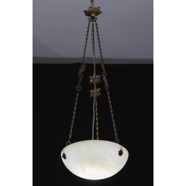 1950s French Art Deco White Alabaster Pendant Light With Dark Veining For Sale - Image 6 of 16