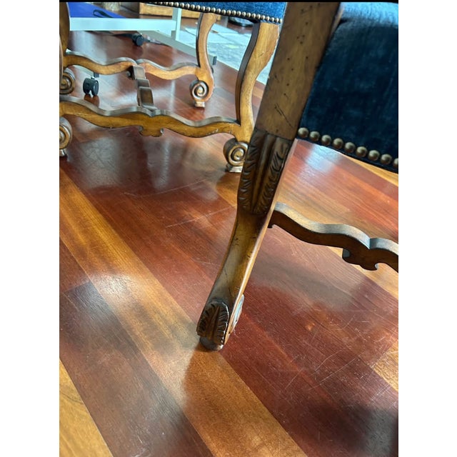 Textile Pair of Antique-Style Side Chairs With Blue Upholstery and Carved Wood Frames For Sale - Image 7 of 8