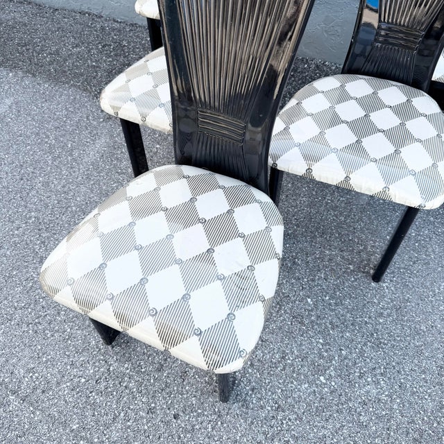 1980s Art Deco Black Lacquered High Back Dining Chairs - Set of 5 For Sale - Image 5 of 12