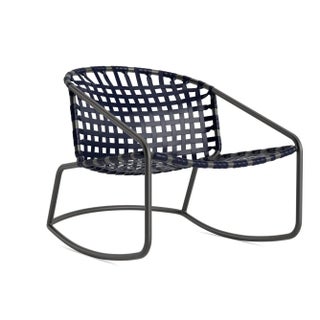 Brown Jordan Kantan Aluminum Vinyl Motion Lounge Chair, Textured Pewter frame with Marine fabric For Sale