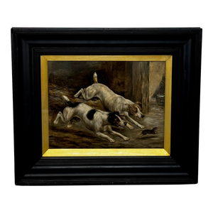Late 19th Century British Victorian Hunting Oil Painting Jack Russell Terrier Dogs Chasing Rat in Ba