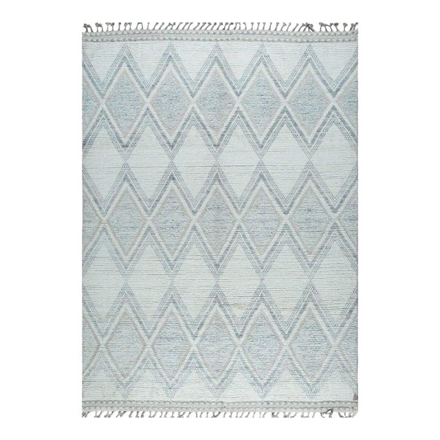 6x9 Ivory Hand-Knotted Wool Diamond Weave Geometric Modern Carpet Rug For Sale