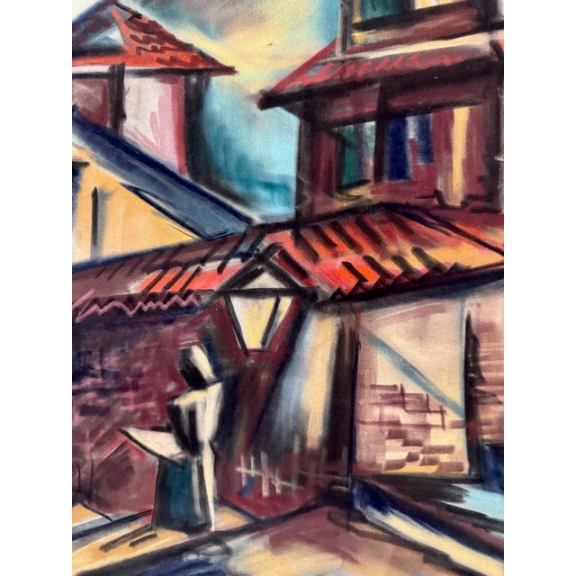 Rustic Henry Emil Salloch Original Pastel on Paper Expressionist Village With Tower, 1962. For Sale - Image 3 of 7