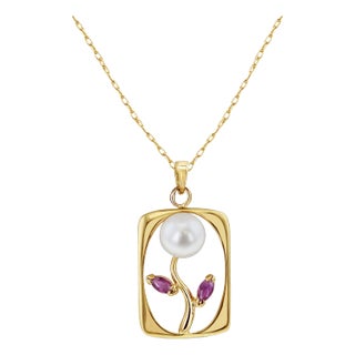 Pearl & Ruby Shaped Flower in Gold Frame 14k Yellow Gold 16" For Sale