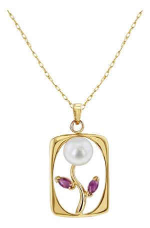 Pearl & Ruby Shaped Flower in Gold Frame 14k Yellow Gold 16"