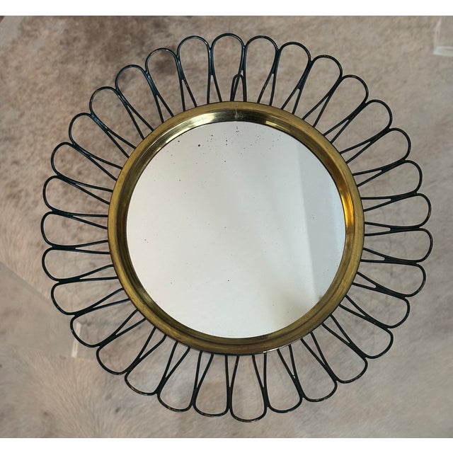 Mid-Century Modern Petite Scale Modernist French Round Brass Sunburst Loop Mirror, 1950s For Sale - Image 3 of 15