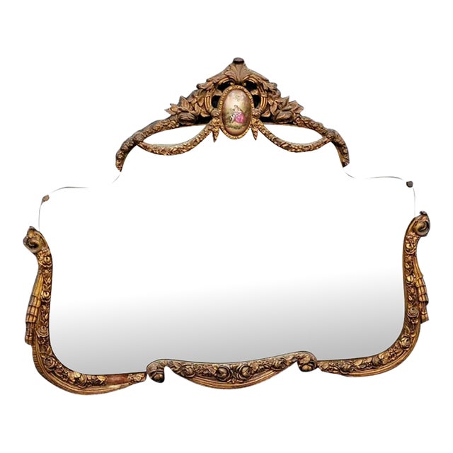 Mid-20th Century Mid-Century French Rococo Style Gilt Wall Mirror With Romantic Courting Couple Porcelain Plaque For Sale