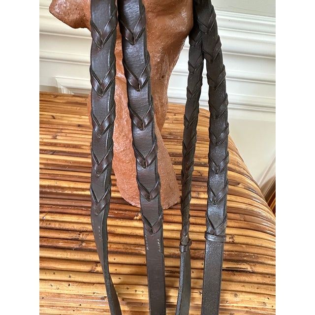 Brown Vintage English Leather Laced Braided Snaffle Horse Reins For Sale - Image 8 of 17