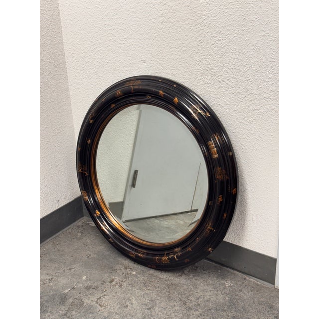 Design Plus Gallery presents a Chinoiserie Style Wall Mirror by Rose Tarlow. The round mirror is framed in glossy black...