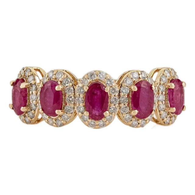 14k Gold Vintage Inspired 1.5ct Ruby & Diamond Halo Wedding Band Ring Size 5.5 For Sale
