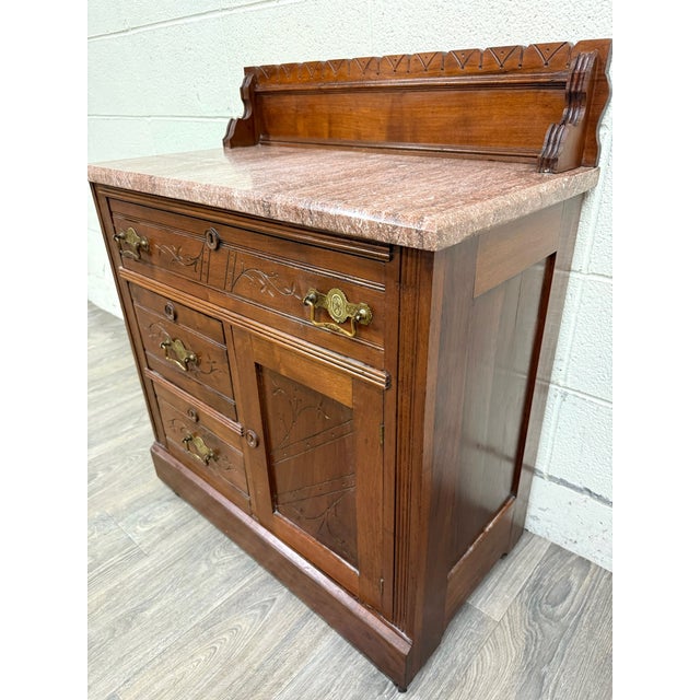 Antique Victorian Eastlake Style Walnut and Marble Top Cabinet Commode Washstand For Sale - Image 4 of 15