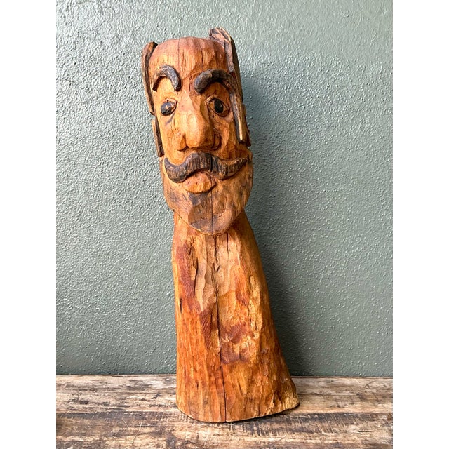 Wood Vintage Hand Carved Man With Mustache For Sale - Image 7 of 12