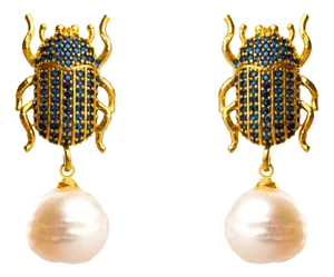 Egyptian Scarab Sapphire & Pearl Dangle Mystic Earrings, 2 Pieces
