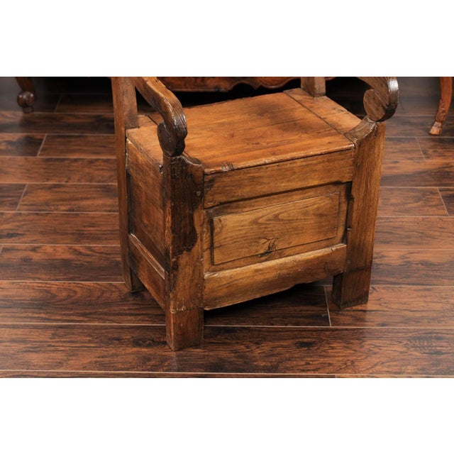 Brown English Country Pine Chair circa 1800 with Scrolled Arms and Lift-Top Seat For Sale - Image 8 of 12