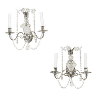 1920s Metal and Crystal Two-Arm Wall Sconces with Beads and Rosettes - a Pair For Sale