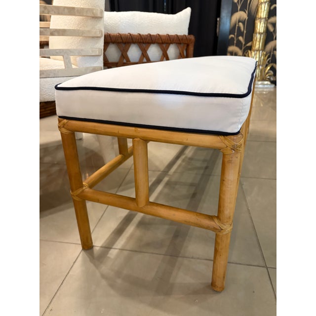 Wood Vintage Palm Beach Rattan Bench Newly Upholstered Navy Blue & White For Sale - Image 7 of 10