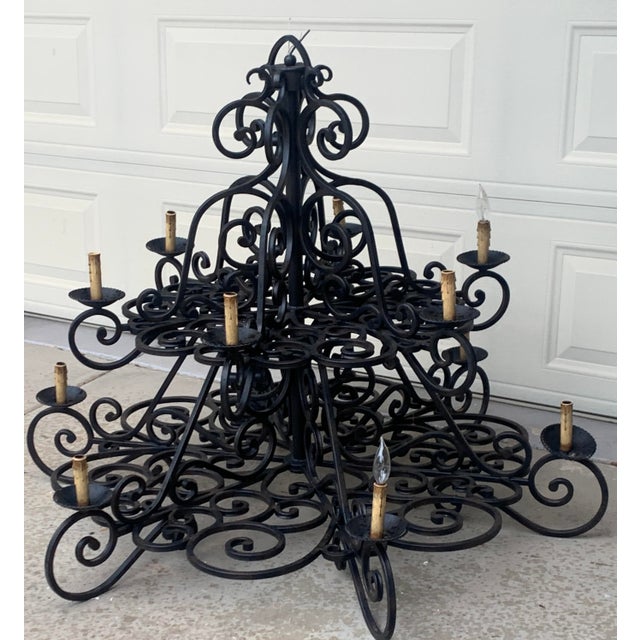 Large Black Wrought Iron Chandelier With 12 Lights For Sale - Image 4 of 9
