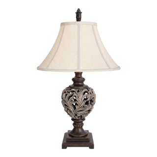 Vintage Old World Pierced Acanthus Urn Table Lamp With Original Ivory Bell Shade For Sale