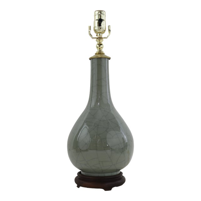 Vintage Celadon Crackle Glaze Porcelain Table Lamp Bottle Vase With Rosewood Base For Sale