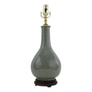Vintage Celadon Crackle Glaze Porcelain Table Lamp Bottle Vase With Rosewood Base