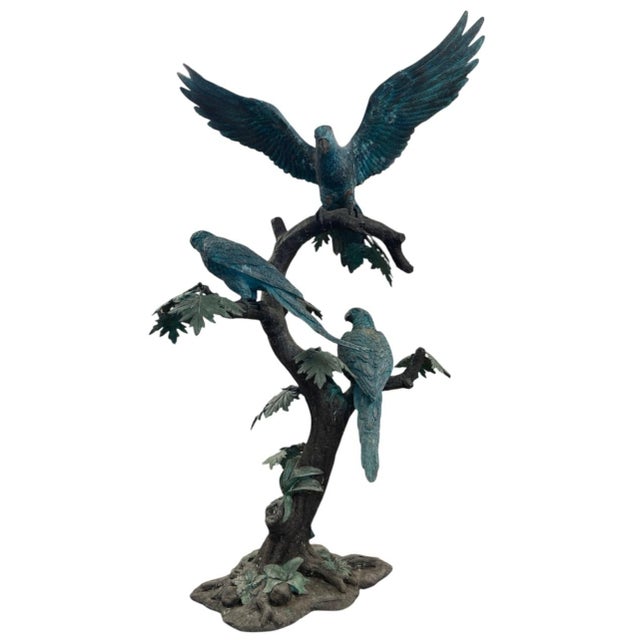 1980s Monumental Verdigris Bronze Parrots Sculpture on Tree Trunk Base For Sale In West Palm - Image 6 of 12