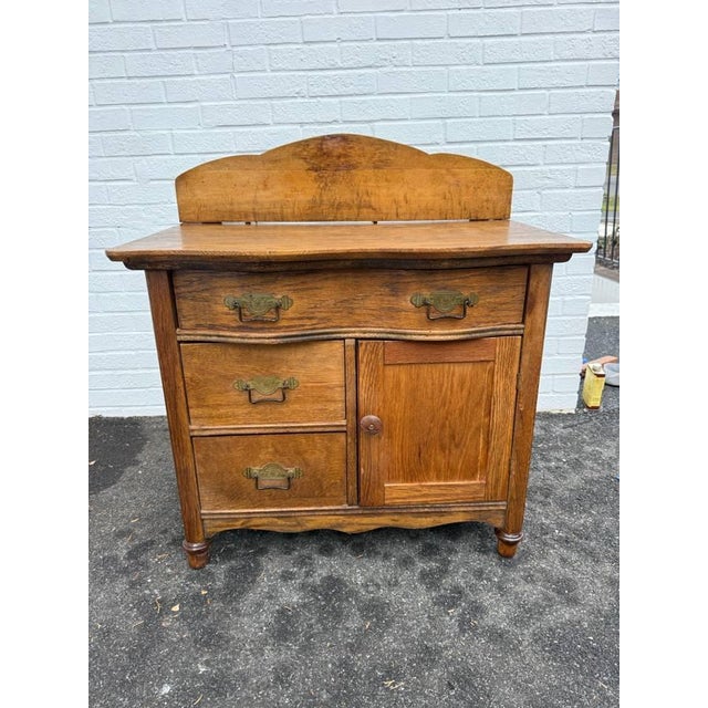 Wood Antique 19th Century Victorian Oak Washstand Cabinet With Knapp Joints For Sale - Image 7 of 16