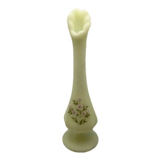 Vintage Fenton Uranium Custard Glass Hand Painted Pink Flowers Swung Vase For Sale