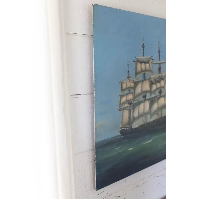 Paper Vintage Nautical Ship Painting, 1978 — Oil on Masonite Board, 30x40 For Sale - Image 7 of 13