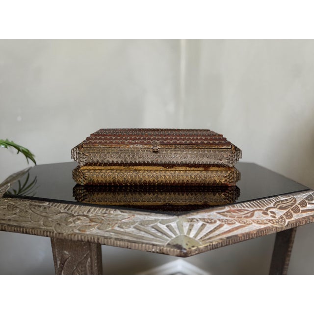 Tramp Art Box, Antique Chip Carved Cigar Box Wood Folk Art Keepsake Box For Sale - Image 4 of 8