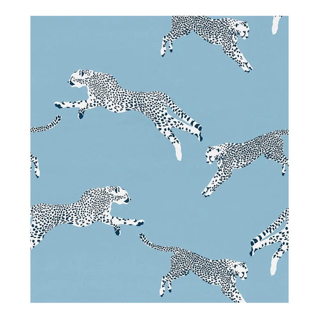 The House of Scalamandré Leaping Cheetah Cotton Print Fabric, Cloud Nine For Sale