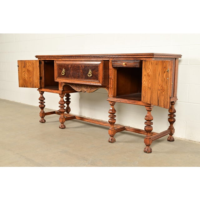 Early Romweber Antique English Jacobean Carved Oak and Burl Wood Sideboard, Circa 1900 For Sale In South Bend - Image 6 of 18