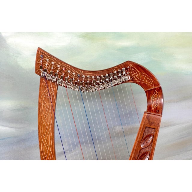 Brown Vintage Ornately Carved and Inlaid 19-String Table-Top Harp For Sale - Image 8 of 13