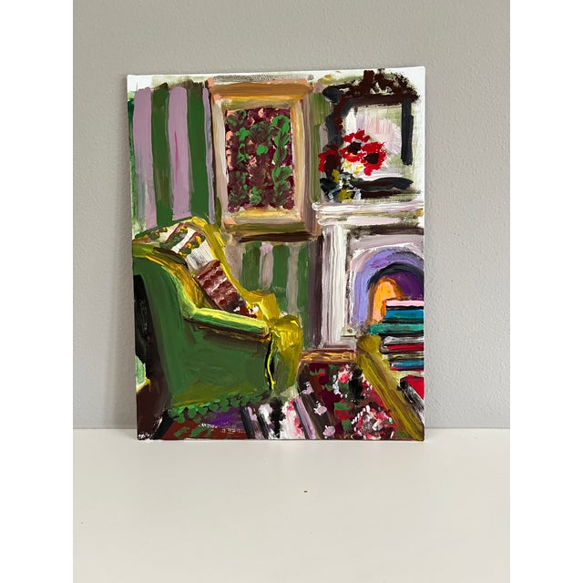 English Painting of an Interior Space Original Art "Fireside" by Shann Spishak For Sale - Image 3 of 6