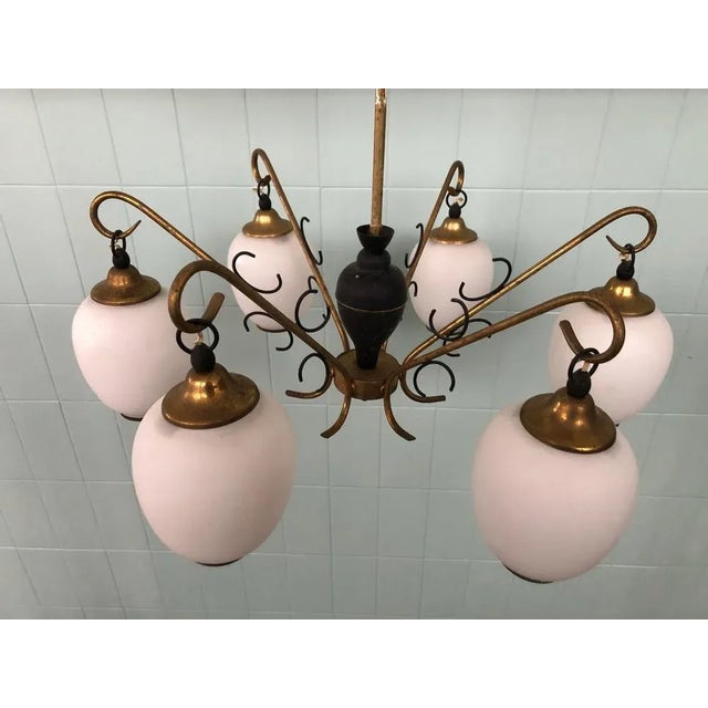Black Pendant Light in Brass, Aluminum and Opaline Glass in the style of Stilnovo, Italy, 1950s For Sale - Image 8 of 10
