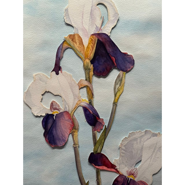 Hollywood Regency Framed 20th Century Dimensional 3d Paper-Cut Botanical Iris Watercolor Collage For Sale - Image 3 of 7