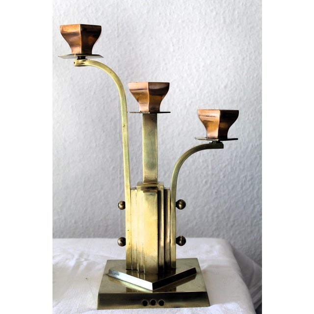Art Deco 3-Armed Candlesticks in Brass, 1920s, Set of 2 For Sale - Image 6 of 14