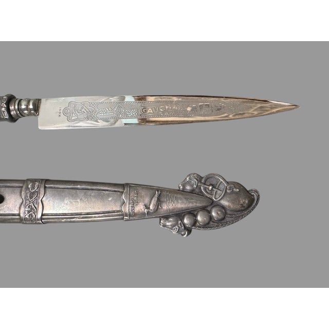 Ornate Antique Victorian Embossed Engraved Silverplate Gaucha Knife With Sheath For Sale - Image 9 of 12